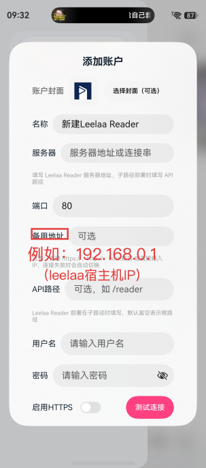 填写可选的 Leelaa Reader 内网备用地址